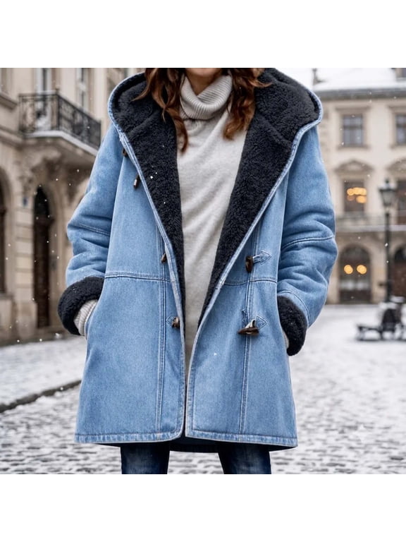 Women's Sherpa Lined Denim Hooded Coat, Long Sleeve Toggle Button Fleece Lined Jacket with Pockets