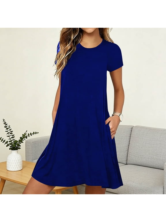 Women's Short Sleeve Crew Neck T-Shirt Dress with Side Pockets Unwinded A-Line cut Casual Summer Midi Unwind Dress