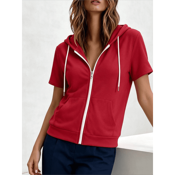 Caywon Women's Short Sleeve Zip-Up Hoodie with Drawstring and Pockets, Loose Cut Casual Sporty Top for Summer Layering and Travel