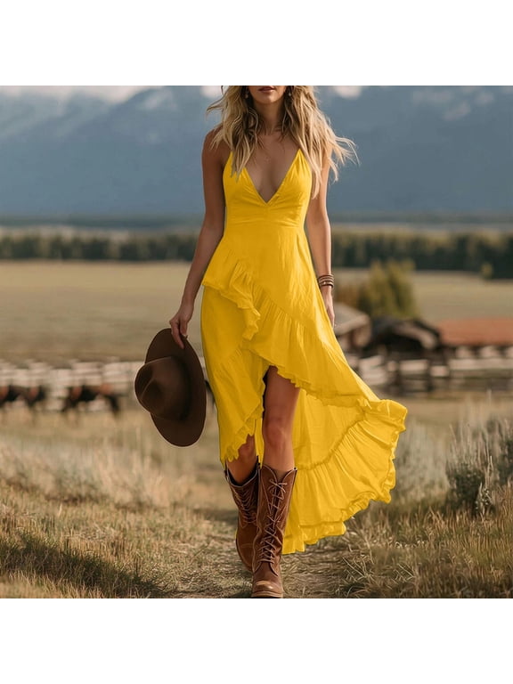 Women's Sleeveless Deep V-Neck Asymmetrical Ruffled Hem Maxi Dress with High-Low Tiered Skirt for Summer Vacation Beach Travel Casual Outings