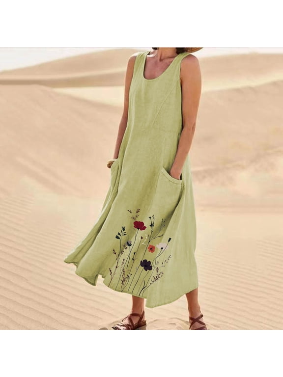 Women's Sleeveless Maxi Dress, U-Neck Floral Print Side Pocket Loose Fit Cotton Linen Long Tank Dress for Vacation, Beach & Casual Wear