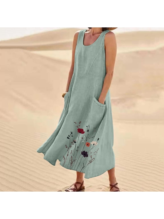 Women's Sleeveless Maxi Dress, U-Neck Floral Print Side Pocket Loose Fit Cotton Linen Long Tank Dress for Vacation, Beach & Casual Wear