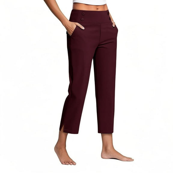 Caywon Women's Slim Fit Stretchy Comfortable Capris Pants with Pockets Ankle Length Leggings Trousers for Workout Casual Wear Wine1# M