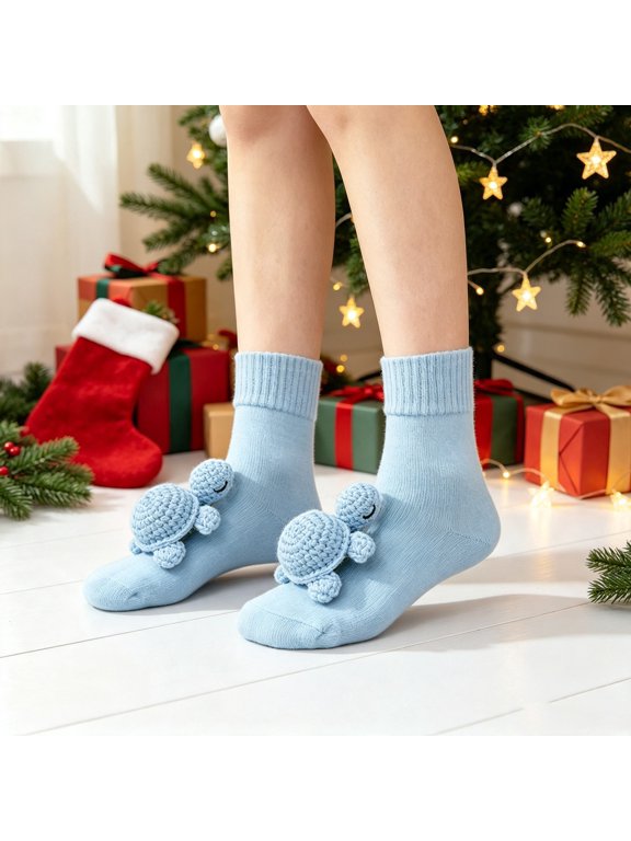 Women's Socks, Cute Knitted Turtle Design with Ribbed Cuff, Soft Breathable Cotton Cozy Warm Winter Casual Daily Wear for Women
