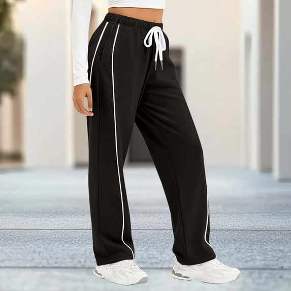 Caywon Women's Solid Color Casual Sweatpants Elastic Waist Drawstring Straight Leg Sports Pants with Side Back Pockets Loose Full-Length Trousers for Gym Daily Wear