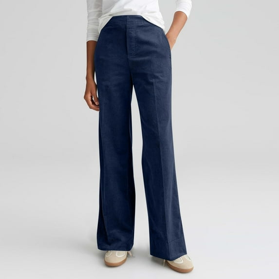 Caywon Women's Solid Color Corduroy Wide Leg Pants Half Elastic Waist Design Loose Fit Sporty Casual Full-Length Trousers with Pockets for Fall Winter Daily Wear