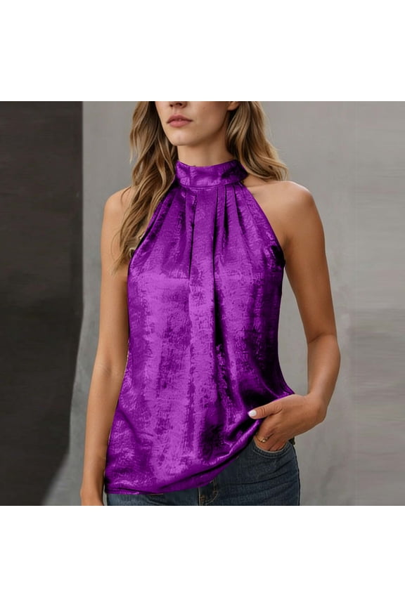 Women's Solid Color Crew Neck Satin Halter Sleeveless Tank Top with Back Buttons Silky Smooth Elegant Trendy Top for Date Night Party Daily Casual Outfit