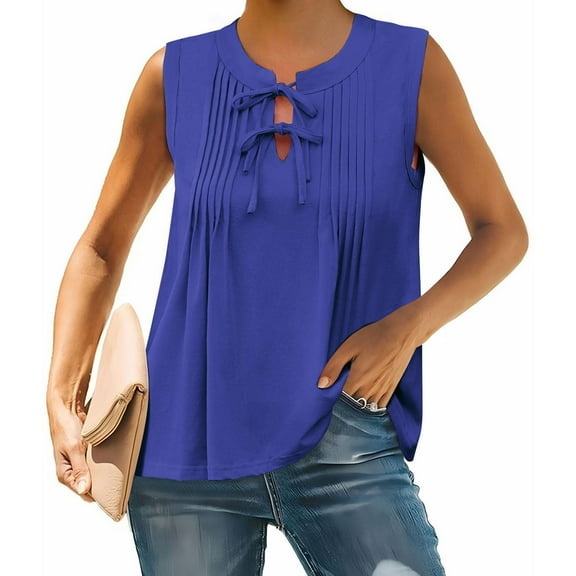 Caywon Women's Solid Color Crew Neck Sleeveless Tank Top Linen-Like Pleated Casual Blouse Lightweight Breathable Soft Comfortable Summer Top for Daily Office Vacation Wear