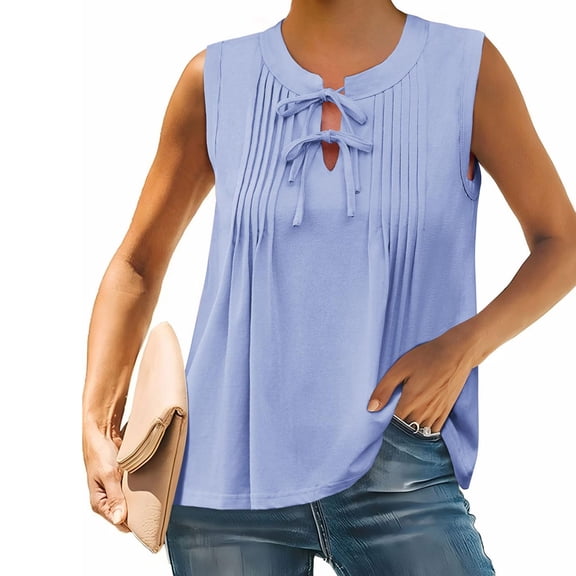 Caywon Women's Solid Color Crew Neck Sleeveless Tank Top Linen-Like Pleated Casual Blouse Lightweight Breathable Soft Comfortable Summer Top for Daily Office Vacation Wear