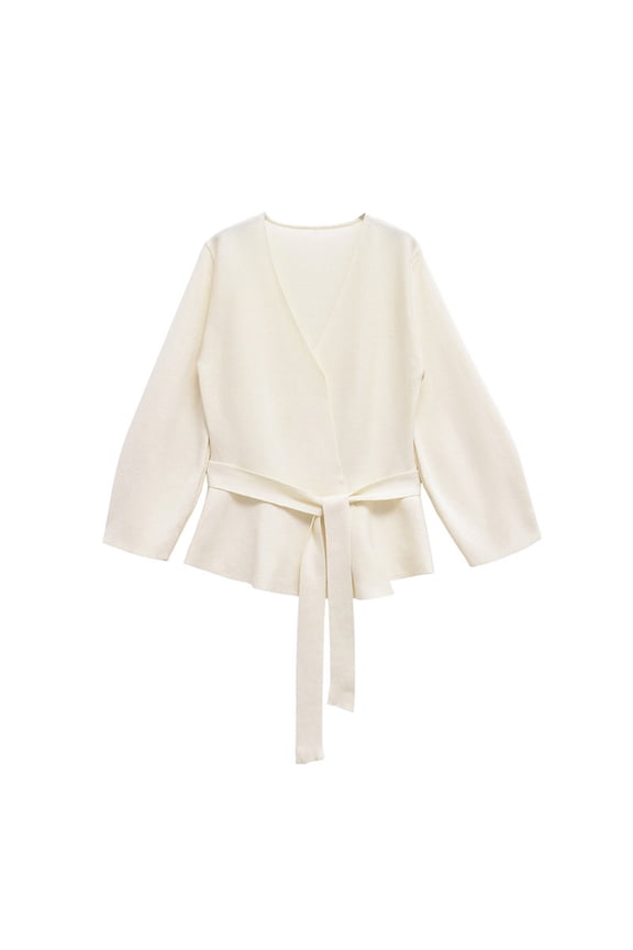 Women's Solid Color Deep V Neck Top with Belt and Shoulder Pads Long Sleeve V Neck Blouse Shirt Adjustable Belt Loose Tops White M