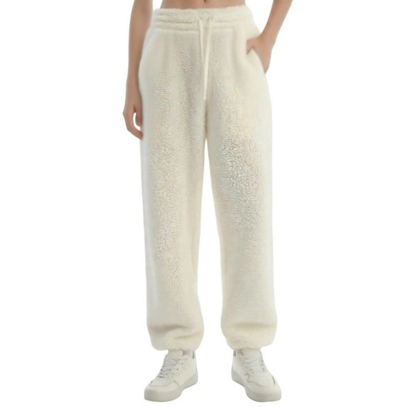 Caywon Women's Solid Color Drawstring Fleece Casual Warm Wide Leg Cuffed Pants Long Trousers for Cold Seasons Drawstring Waist