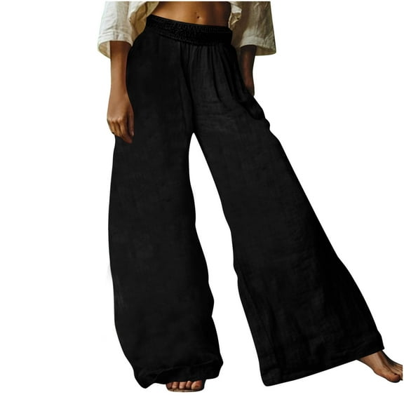 Caywon Women's Solid Color Elastic Waist Button Bohemian Style Wide Leg Casual Long Pants with Pockets for Beach Festival Summer Party Black XL