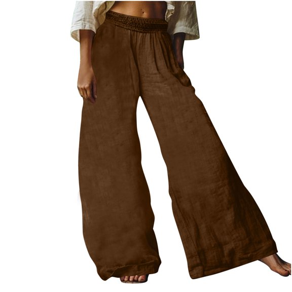 Caywon Women's Solid Color Elastic Waist Button Bohemian Style Wide Leg Casual Long Pants with Pockets for Beach Festival Summer Party Brown L