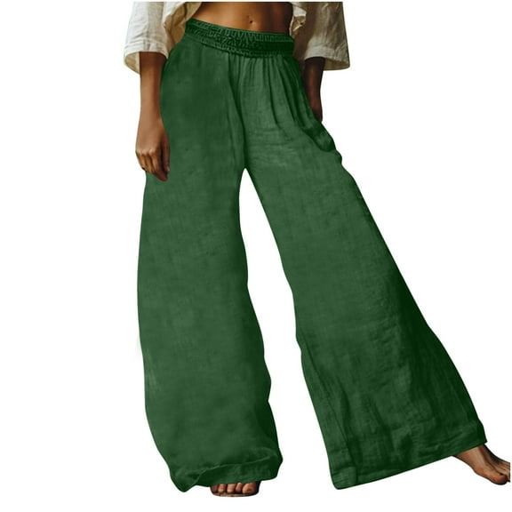 Caywon Women's Solid Color Elastic Waist Button Bohemian Style Wide Leg Casual Long Pants with Pockets for Beach Festival Summer Party Green L