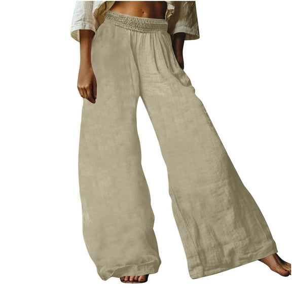 Caywon Women's Solid Color Elastic Waist Button Bohemian Style Wide Leg Casual Long Pants with Pockets for Beach Festival Summer Party Khaki L
