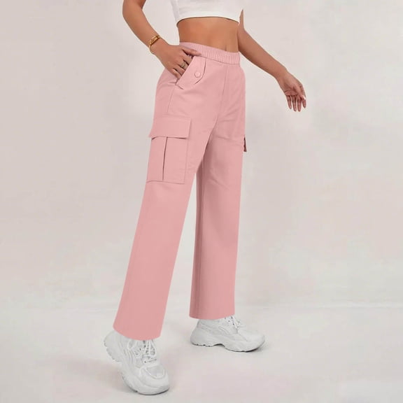 Caywon Women's Solid Color Elastic Waist Cargo Pants with Button Pockets High Stretch Fabric Loose Casual Full-Length Trousers for Outdoor Daily Wear
