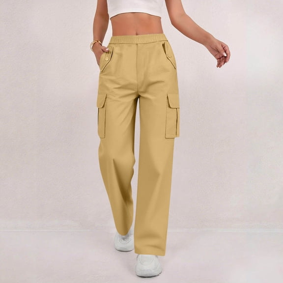 Caywon Women's Solid Color Elastic Waist Cargo Pants with Button Pockets High Stretch Fabric Loose Casual Full-Length Trousers for Outdoor Daily Wear