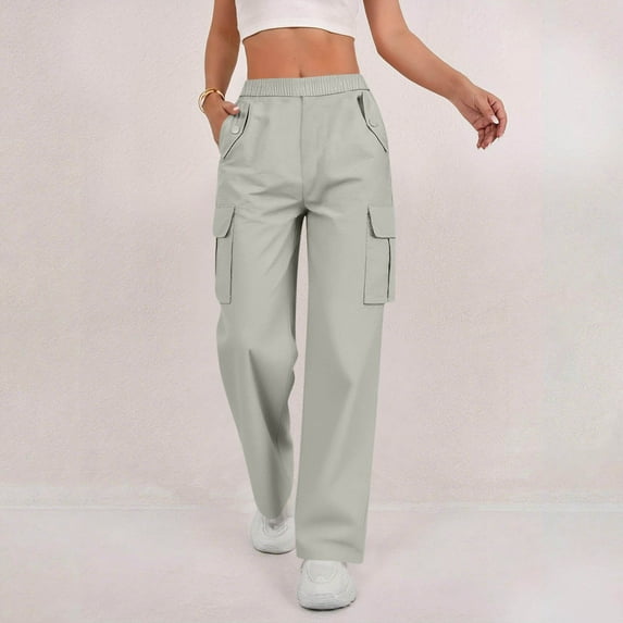 Caywon Women's Solid Color Elastic Waist Cargo Pants with Button Pockets High Stretch Fabric Loose Casual Full-Length Trousers for Outdoor Daily Wear