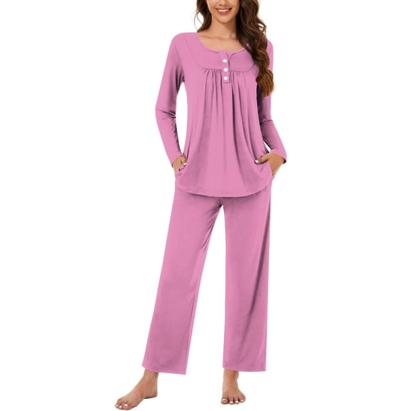 Caywon Women's Solid Color Fashion Casual Loose Printed Crew Neck Button-front Long Sleeve Pajama Set (Top   Pants) Soft Fabric Comfortable for Sleep Relaxation Indoor Use