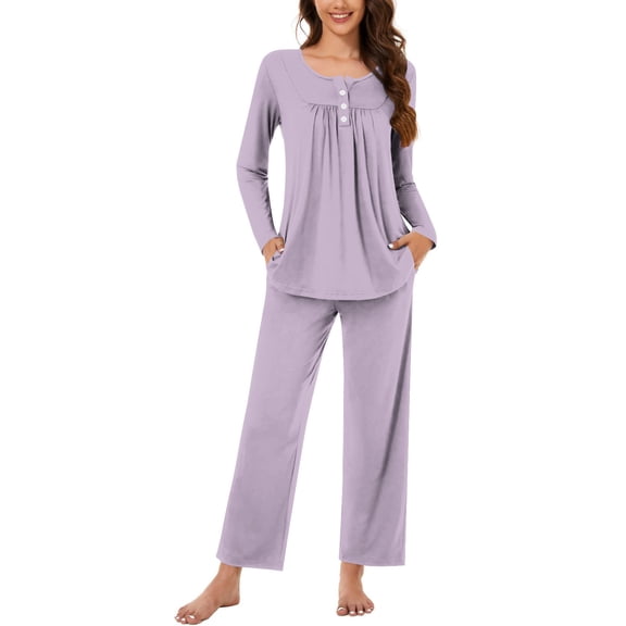 Caywon Women's Solid Color Fashion Casual Loose Printed Crew Neck Button-front Long Sleeve Pajama Set (Top   Pants) Soft Fabric Comfortable for Sleep Relaxation Indoor Use