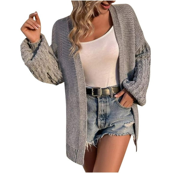 Caywon Women's Solid Color Lantern Sleeve Sweater V-Neck Cardigan Knit Top Sweater Coat Trendy Lantern Sleeves V-Neck for Casual Gatherings