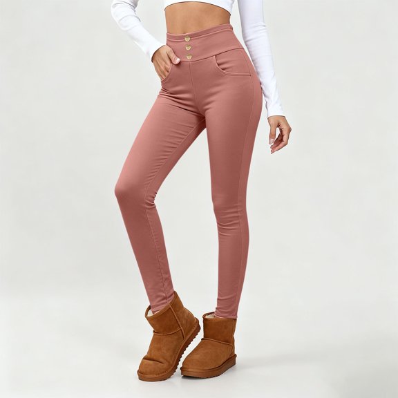 Caywon Women's Solid Color Lined Composite High Waist Pants with Pockets Leggings Full Length Stretchy Warm for Cold Season Daily Use