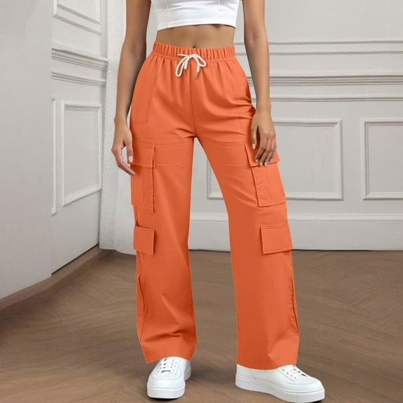 Caywon Women's Solid Color Loose Wide Leg Cargo Pants Elastic Waist with Pockets Full Length Casual Trousers for Daily Outdoor Wear
