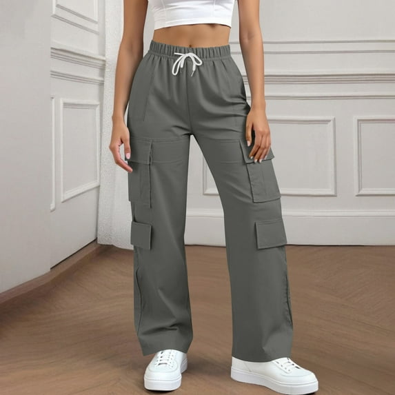 Caywon Women's Solid Color Loose Wide Leg Cargo Pants Elastic Waist with Pockets Full Length Casual Trousers for Daily Outdoor Wear