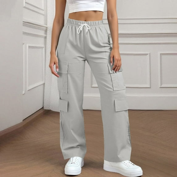 Caywon Women's Solid Color Loose Wide Leg Cargo Pants Elastic Waist with Pockets Full Length Casual Trousers for Daily Outdoor Wear