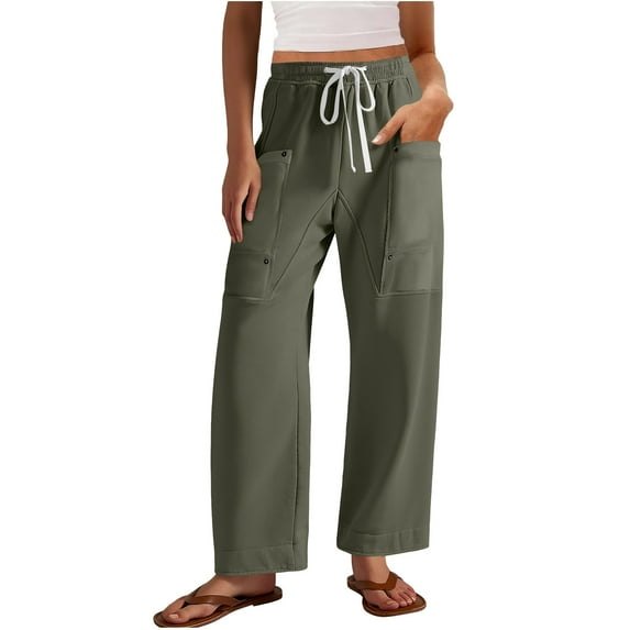 Caywon Women's Solid-Color Loose Wide-Leg Casual Pants Autumn Drawstring Athletic Pants with Pockets for Autumn Daily Wear Outdoor Activities or Casual