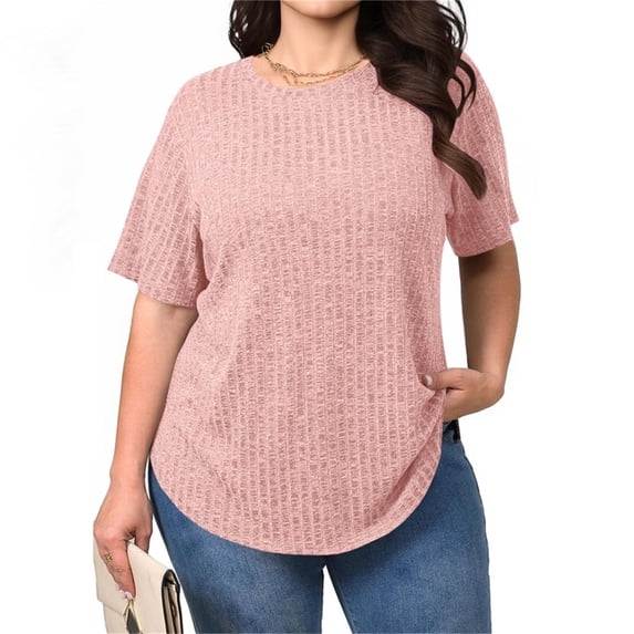 Caywon Women's Solid Color Ribbed Short Sleeve Round Neck Fashion Casual Half Sleeve Plus Size Loose Top XL 5XL Comfortable Fit for Daily Casual Wear