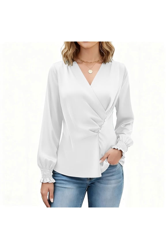 Women's Solid Color Satin Blouse V Neck Ruffled Button Down Shirt Soft Silky Fabric Casual Office Party Daily Wear Top