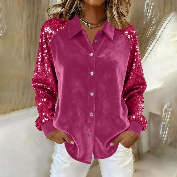 Caywon Women's Solid Color Sequin Patchwork Sleeve Lapel Button Down Shirt Jacket Sparkly Stylish Design Warm Fabric for Autumn Winter Party Wear