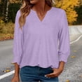 thumbnail image 1 of Caywon Women's Solid Color Spring Summer Basic T Shirt V Neck Ruffled Cuff Three Quarter Sleeve Slim Fit Undershirt Casual Daily Wear Blouse, 1 of 8