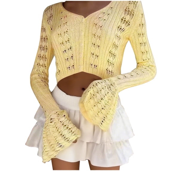 Caywon Women's Solid Color V Neck Hollow Out Bells Sleeve Button Cardigan Casual Fashion Sweater Soft Knitted Cardigan for Spring and Autumn Wear Suitable Yellow M