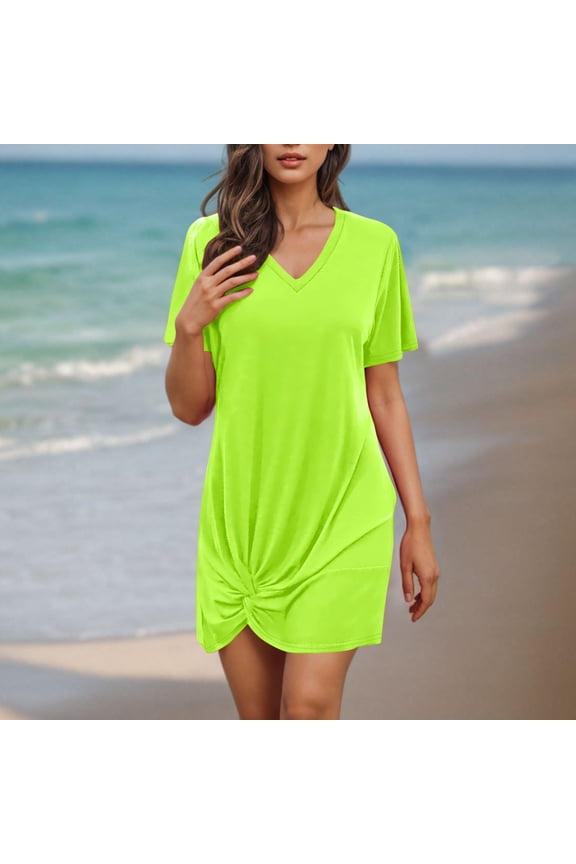 Women's Solid Color V Neck Short Sleeve Side Twist Casual Bikini Swimsuit Cover Up Beach Dress Soft Lightweight Summer Outwear for Ladies