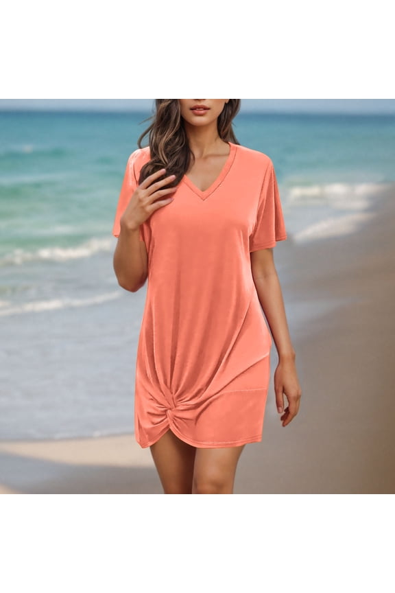 Women's Solid Color V Neck Short Sleeve Side Twist Casual Bikini Swimsuit Cover Up Beach Dress Soft Lightweight Summer Outwear for Ladies