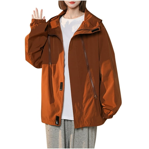 Caywon Women's Solid Color Zippered Pockets Windbreaker Jacket Long-Sleeve Casual Coat Jacket Stylish for Daily Outings and Light Outdoor Activities