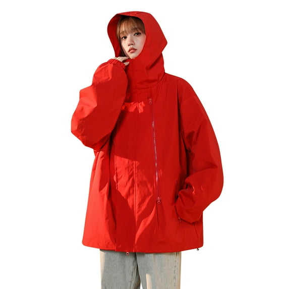Caywon Women's Solid Color Zippered Pockets Windbreaker Jacket Long-Sleeve Casual Coat Jacket Stylish for Daily Outings and Light Outdoor Activities