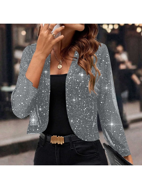 Women's Sparkly Open Front Cardigan, Long Sleeve Glitter Mesh Blazer, Lightweight Sheer Party Jacket, Elegant Evening Crop Top for Night Out and Special Occasions