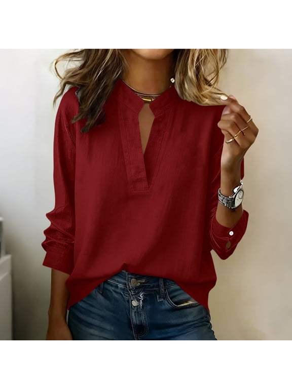 Women's Split Neck Long Sleeve Blouse, Button Cuff Cotton Linen Blend Top, Relaxed Fit Solid Casual Shirt for Work, Vacation & Daily Wear