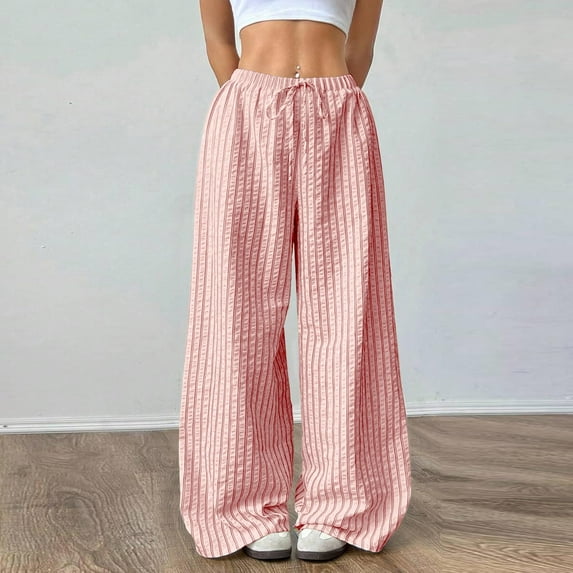 Caywon Women's Spring Summer Mid Rise Striped Pants Adjustable Drawstring Tie Waist Soft BreathableCasual Full-Length Trousers for Home Daily Wear
