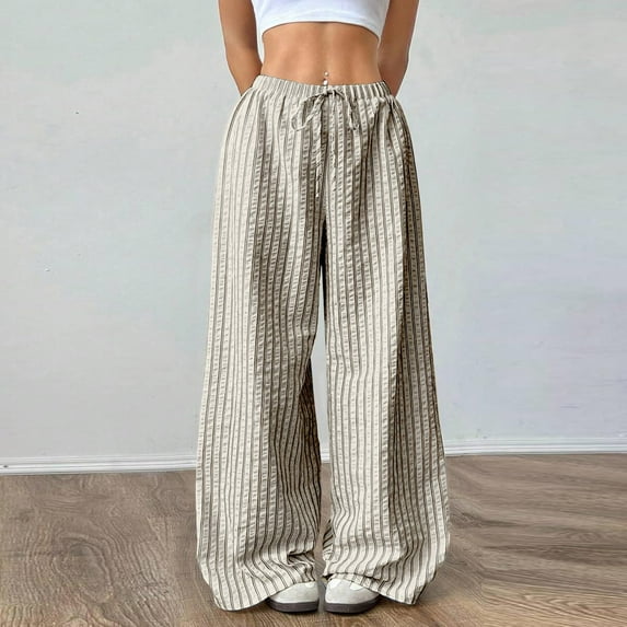 Caywon Women's Spring Summer Mid Rise Striped Pants Adjustable Drawstring Tie Waist Soft BreathableCasual Full-Length Trousers for Home Daily Wear