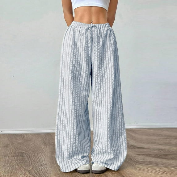Caywon Women's Spring Summer Mid Rise Striped Pants Adjustable Drawstring Tie Waist Soft BreathableCasual Full-Length Trousers for Home Daily Wear