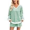 thumbnail image 1 of Caywon Women's Striped Printed Shorts Set Color Block Loose Casual Long Sleeve V Neck Top Elastic Waist Side Pocket Long Sleeve Set, 1 of 7