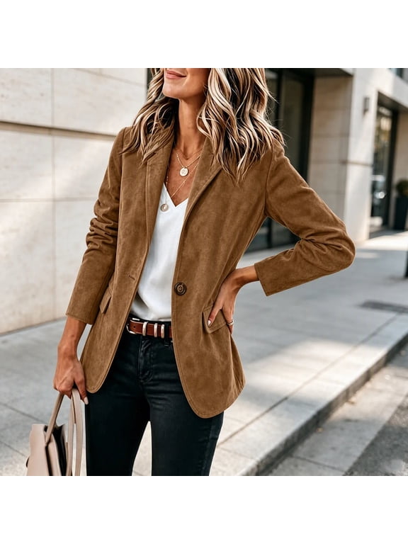 Women's Suit Jackets, Blazers & Sport Coats, Collared Button Front Long Sleeve Padded Shoulder, Work Office Casual