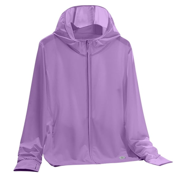 Caywon Women's Summer Lightweight Reflective Solid Color Breathable Hooded Sun Protection Jacket Thin Sun Guard Coat for Outdoor Sports Hiking Purple 3XL