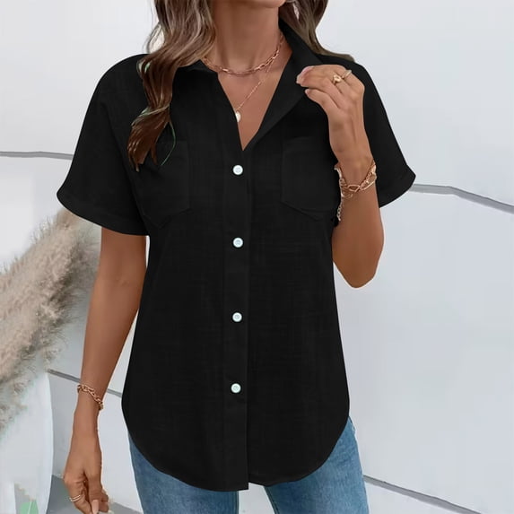 Caywon Women's Summer Short Sleeve Button Down Collared Shirt with pair Front Chest Patch Pockets and loose form Curved Hemline for Daily Casual Wear