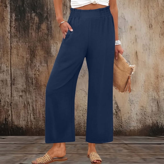 Caywon Women's Summer Solid Color Loose Straight Leg Pants with Pockets Ruffled Trim Design Elastic Waistband Breathable Fabric Casual Trousers for Daily Outfits