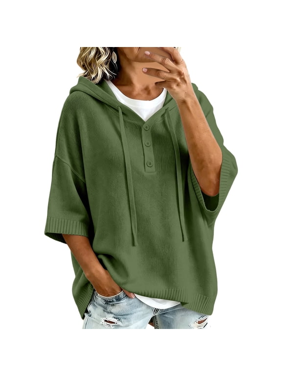 Women's Sweater, Hooded 3/4 Sleeve Button Front with Drawstring and Ribbed Trim, Loose Knit Casual Fall Winter Daily Wear for Women